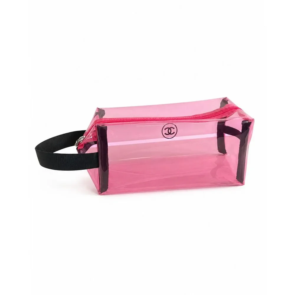 CHANEL PVC Makeup Cosmetic Bag Pink Transparent Clear Wristlet Pouch Zip Logo
